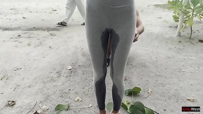horny girl soaking her leggings in public