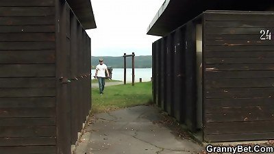 immense breasts blonde grandma rides stranger's rod on public