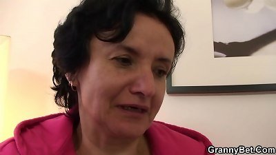 elder dark-haired grannie gives head and rides his fuck-stick