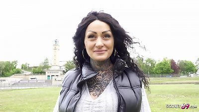 GERMAN SCOUT - first-ever ass fucking hump for big boobs tattoo Model Mia Roux at Pickup audition