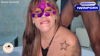 Married doll takes a thick cum shot in her face and continues screwing with a ebony fellow with a fat spunk-pump