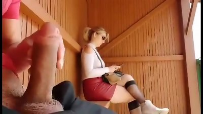 I take my shaft out at this bus stop ... outstanding how this coed will react! I'm shocked!!