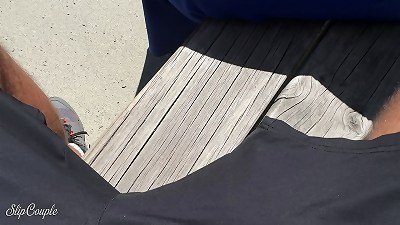 Public and risky, muddy handjob on a bench during hiking