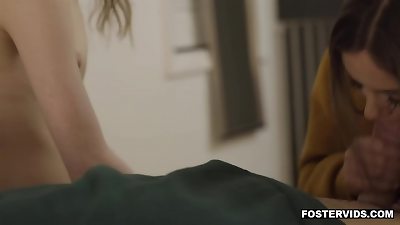 Naive teen dauther Jessae Rosae gets a sizzling threesome fuck with her foster parents a a welcome gift from their family.