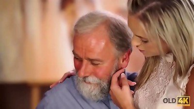 OLD4K. mature man with beard impales platinum-blonde disciple on the daybed