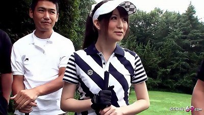tutor and other boys talk asian teenager to Blowbang at Golf Lesson