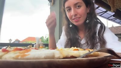 walking with cum on face in cafe - lady licks pizza and swallows cum - Cumwalk