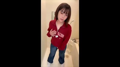 [A movie of a chick college student's routine on her day off] She jerked in the fitting apartment and pissed in the denim she bought at home.