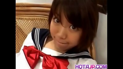 Ai Kazumi in school uniform deep throats jizz-shotgun and gets banana in fuckbox - More at javhd.net